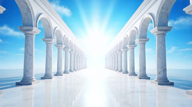 Smooth journey through marble columns toward a bright light, symbolizing progress and elegance.