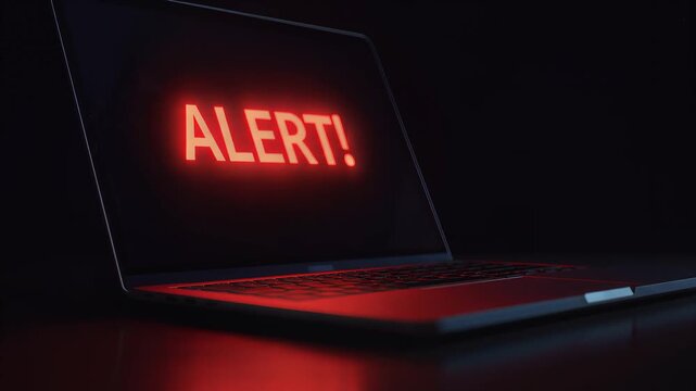 Laptop screen flashing red alert message signaling danger, warning, or cyber security issue.
