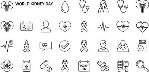 Naklejka premium World Kidney Day Icons: Medical Health and Awareness Collection