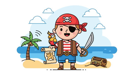 Fototapeta premium Cute cartoon pirate boy with parrot, treasure map and chest on beach
