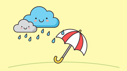 Cute cartoon rain clouds and umbrella illustration on yellow background
