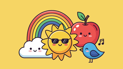 Cute Kawaii Sun, Rainbow, Cloud, Bird, and Apple on Yellow Background