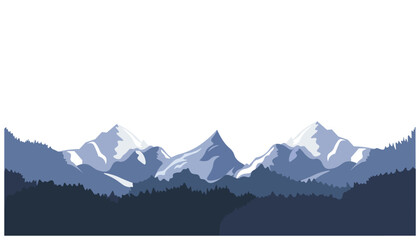 Fototapeta premium Panoramic Mountain Range with Forest Silhouette and Snow Peaks Illustration