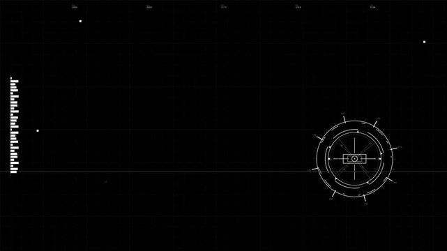 Military graphics featuring a heads up display animation. It includes elements relevant to war and futuristic technology for science fiction production.