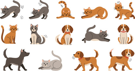 Obraz premium Cute cats and dogs set in playful poses showing sitting, stretching, walking pets in flat vector style