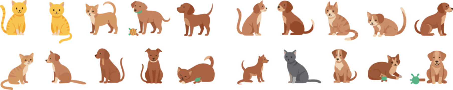 Cute cat and dog characters set with different poses, breeds, and silhouettes in flat vector style