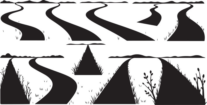 Black and white road silhouettes with hills and grass