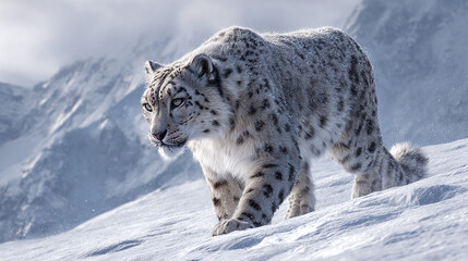 A majestic snow leopard gracefully navigating a snowy mountain slope. The cat's coat blends seamlessly with the winter landscape