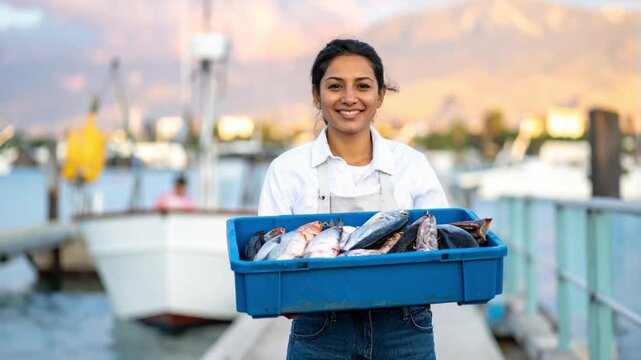 Smiling woman holding fresh fish in a crate at a bustling fishing port
