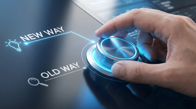 Human hand turns glowing metallic knob from old way to new way on dark modern panel
