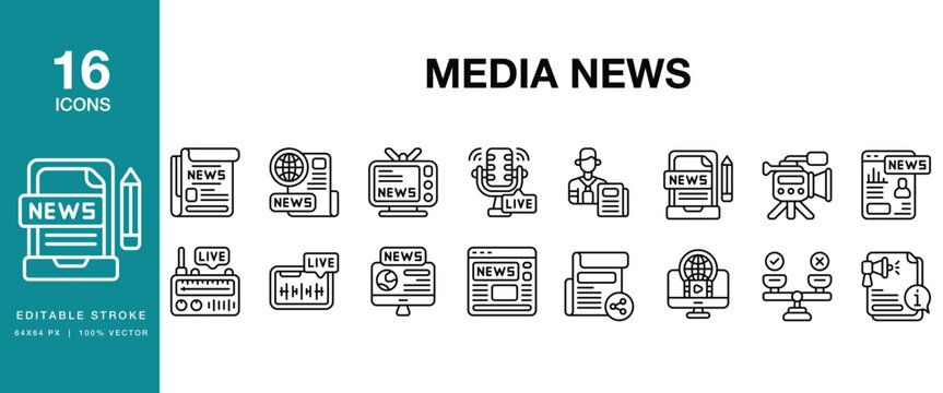 Media News icon set. Includes media, news, journalism, press, report, headline and More. Editable Stroke Icon Collection.