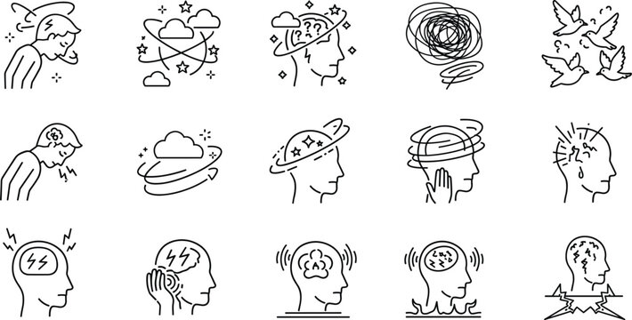 Mental health psychology line icon set showing stress anxiety confusion depression and emotional state concepts