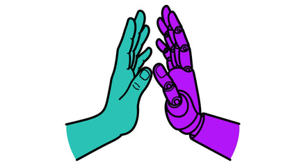 Obraz premium Stylized Teal Human Hand High-Five With Purple Robotic Hand Illustration on White Background
