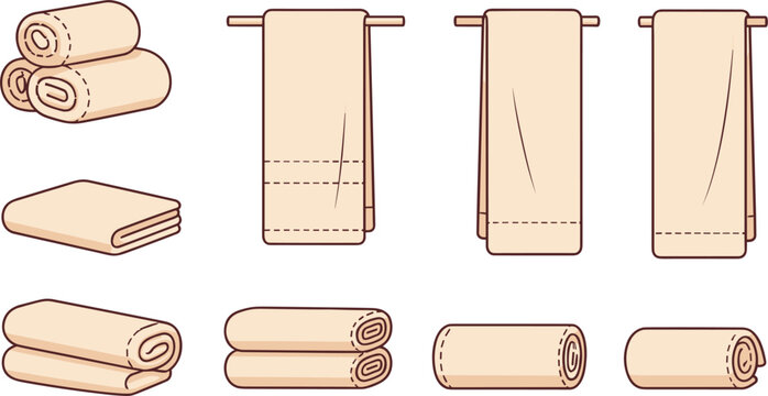 Minimal towel outline icon set showing folded and hanging bathroom towels in clean linear vector style