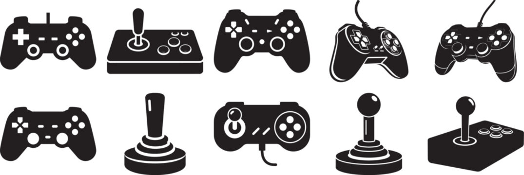 Diverse collection of black silhouette video game controllers and classic joysticks Vector
