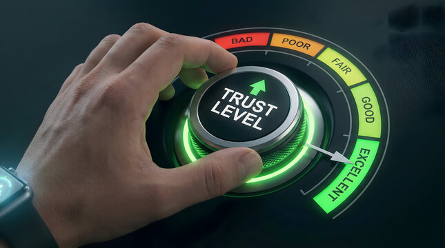 Human hand turning a glowing trust level dial to excellent on a dark digital interface sho