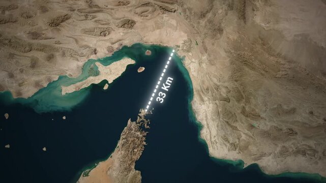Geopolitical Map Animation of Hormuz Strait showing the Narrowest Point between Iran and Oman
