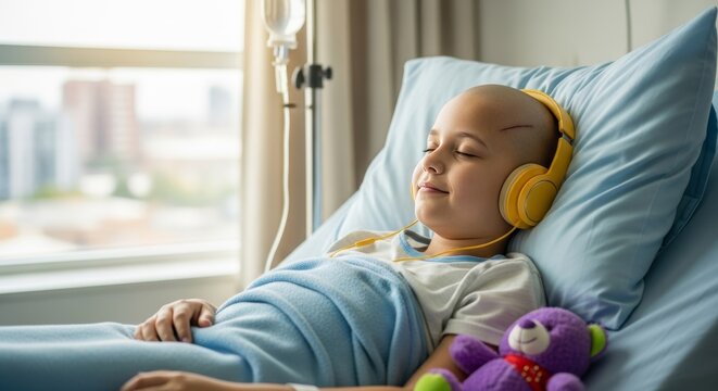 a young child with a shaved head and scar resting in a hospital bed. Wearing yellow headphones, the child smiles peacefully while listening to music near an IV drip.