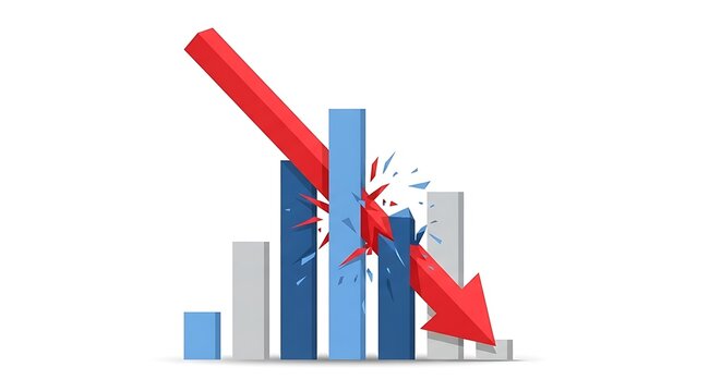 Dramatic red arrow pierces a shattering bar chart, symbolizing significant financial decline, economic crisis, business failure, or market downturn
