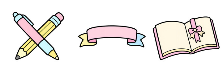 Pastel pen pastel pencil ribbon banner open book cute vector kawaii stationery pink yellow soft color flat design cartoon style happy