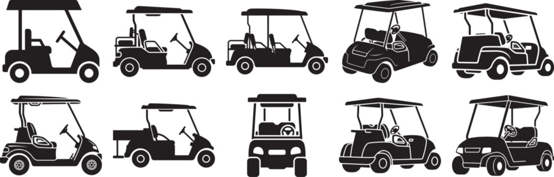 A diverse collection of golf cart silhouettes in various models and perspectives Vector