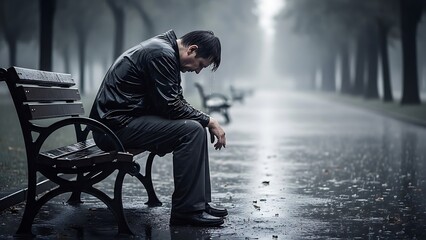 Man sitting alone on a bench in a rainy park, lost in thought, surrounded by wet leaves and misty atmosphere