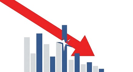 Red arrow pointing down on a falling stock market graph illustrating financial downturn and economic recession