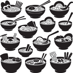 black and white illustrations of various noodle soups in bowls