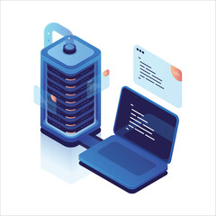 Programming database coding illustration. Isometric app computing big data, data server maintenance program code on laptop screen