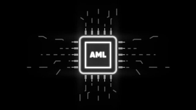 Anti Money Laundering A M L Concept Glowing Microchip with Circuit Board on Dark Background for Finance and Security