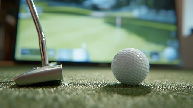 Golf Simulator Putting Practice Low Angle View of Ball Putter Club