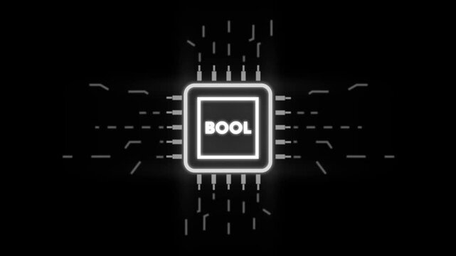Glowing Boolean Circuit Board Microchip with B O L Text Neon Effect on Black Background with White Lines and Dashes