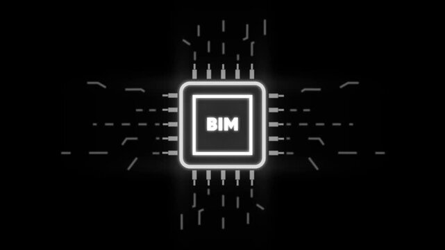 B I M Technology Concept Glowing Neon Microchip with Binary Code Background for Architecture Engineering and Construction
