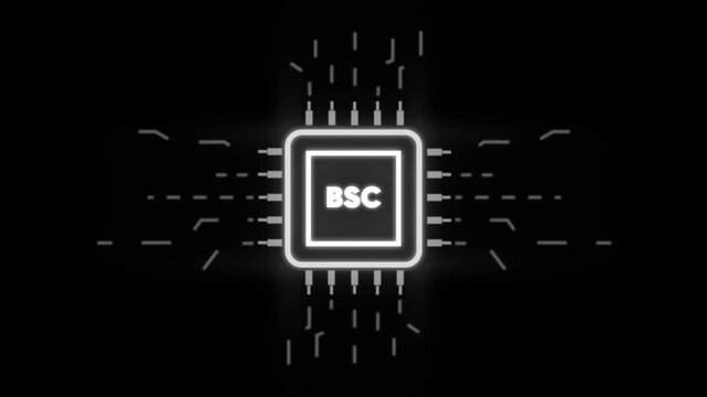 Glowing B S C Microchip Circuit Board with Neon Effect on Dark Background for Technology and Innovation Concepts