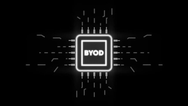 Bring Your Own Device B Y O D Concept Glowing Neon Microchip with Futuristic Circuitry on Dark Background for Business Technology and Innovation Projects