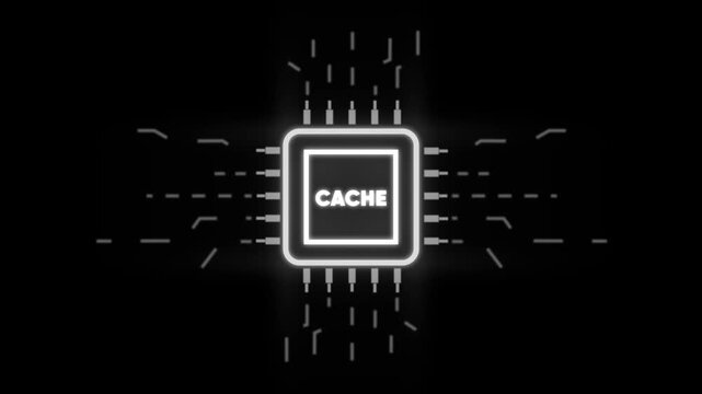 Glowing Cache Processor Chip with Neon Outline on Dark Background with Circuit Board computer