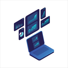 Dashboard chart graph on screen laptop isometric. Data analyst, analyzing data, analytic chart, business chart on digital screen