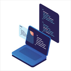 Web coding development programming software illustration. Isometric app computing big data program code on laptop screen
