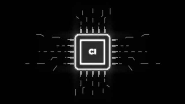 Glowing C I Microchip Circuit Board with Neon Effect on Black Background for Tech and Innovation Concepts