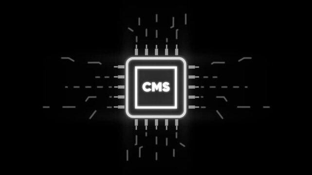Glowing C M S Management System Microchip on Dark Background with Circuit Board glowing circuit board
