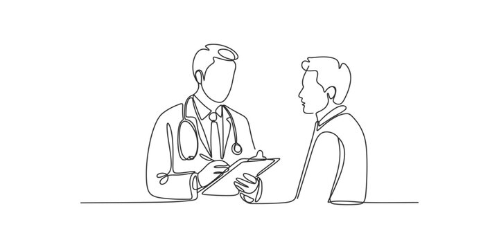 Doctor taking notes during a consultation with a patient in a minimalist line art style