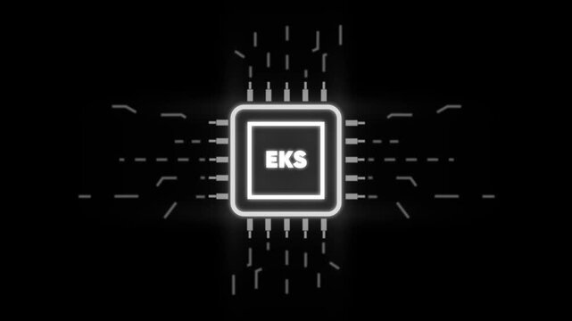 Glowing E K S Microchip Circuit Board on Black Background with Neon Lines and Dots Digital Technology Concept for Business Finance and Innovation