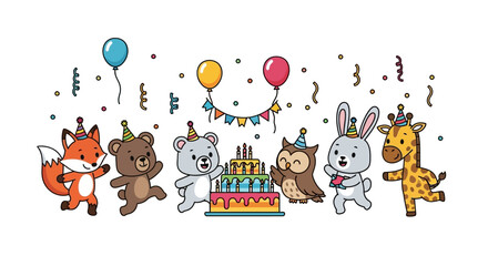Obraz premium Happy cartoon animals celebrating birthday with cake and balloons
