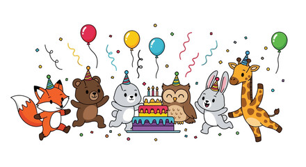Fototapeta premium Colorful cartoon animals celebrating birthday with cake and balloons