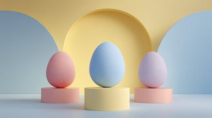 Pastel Easter eggs on cylindrical pedestals with soft abstract background, modern minimal spring composition.
