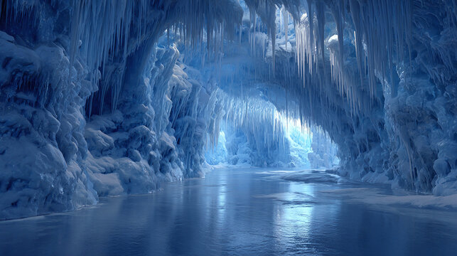 A captivating ice cave with icicles and a shimmering water body