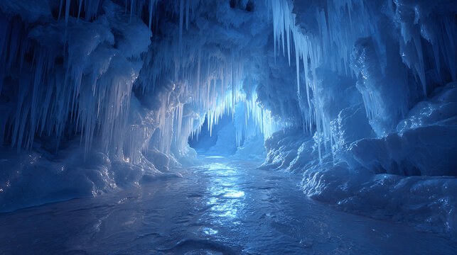 A mesmerizing view of an ice cave with glowing blue light. The intricate icicles hang from the ceiling, creating a breathtaking atmosphere