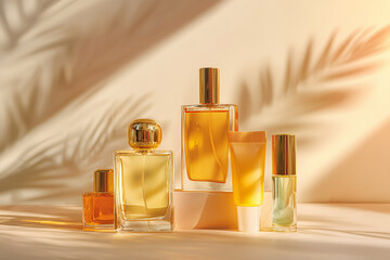 Luxury perfume bottles with warm sunlight and palm leaf shadows