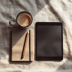 Minimalist flat lay workspace with tablet, notebook and coffee