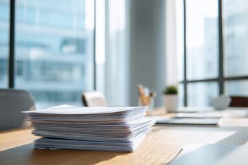 Modern office desk with stack of documents and copy space near window